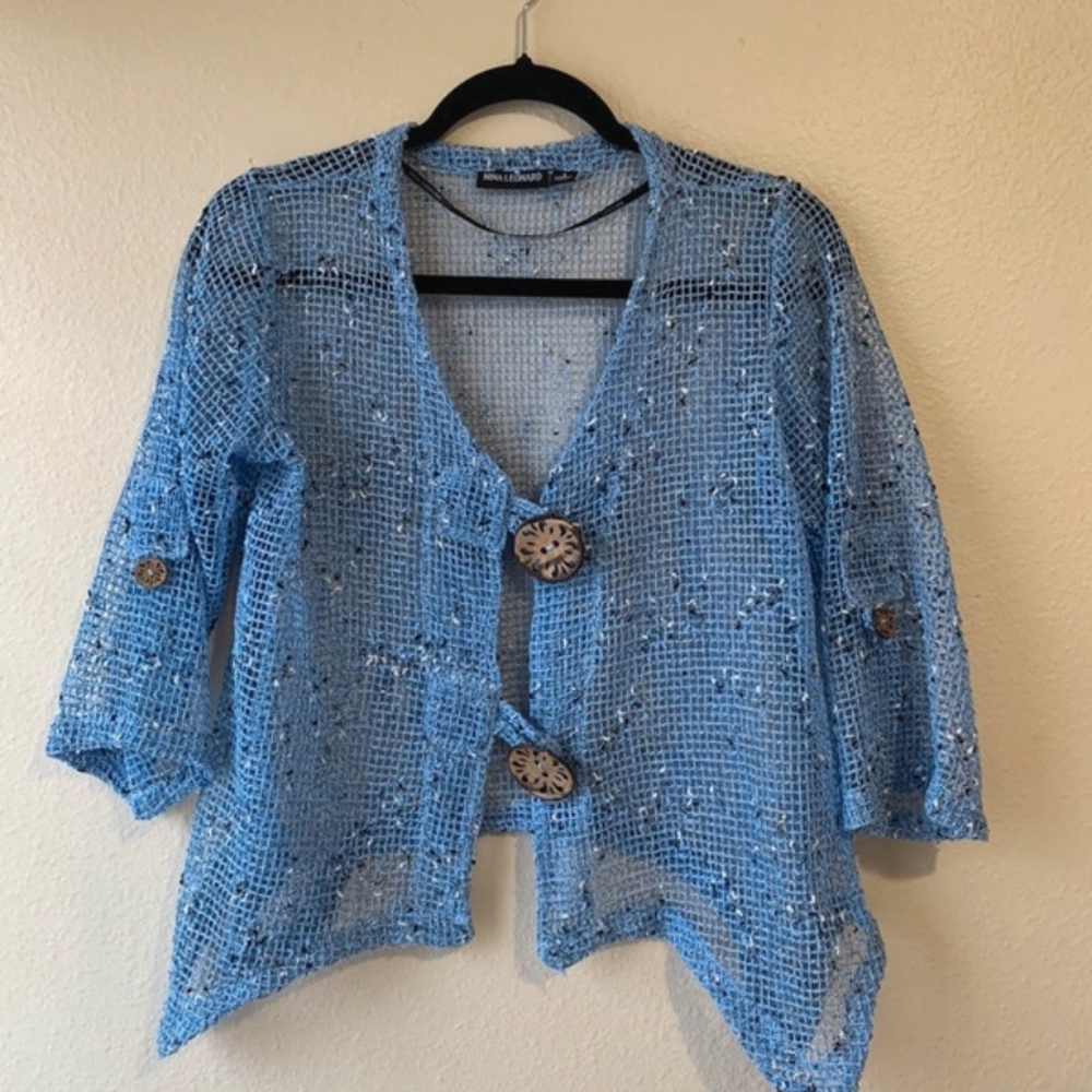 Nina Leonard Button Knit Mesh Cardigan 3/4 Sleeve